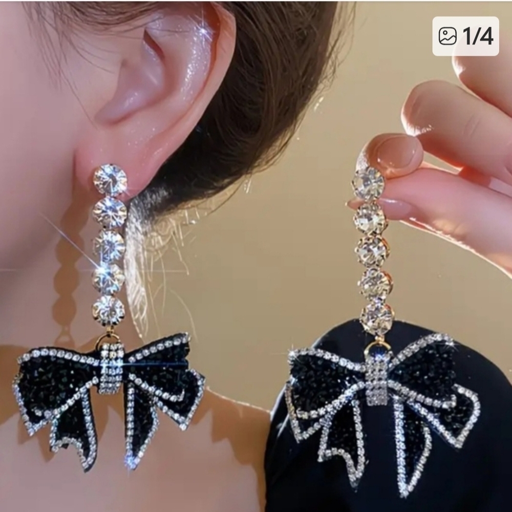 Crystal Drop Black Bow Earrings - Women Jewelry
